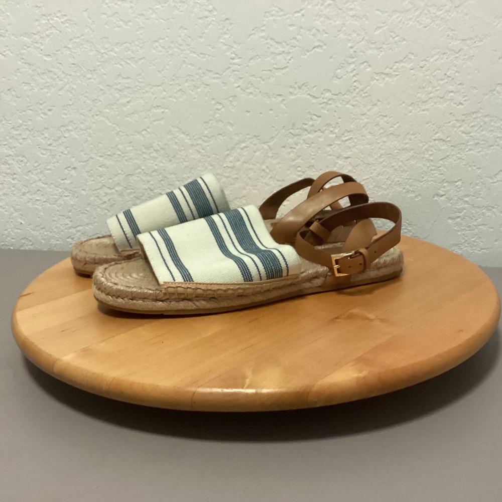 Tory Burch Striped‎ Canvas Espadrille Sandals Blue Cream Leather Ankle Strap 8
